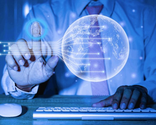 man pointing to technical hologram